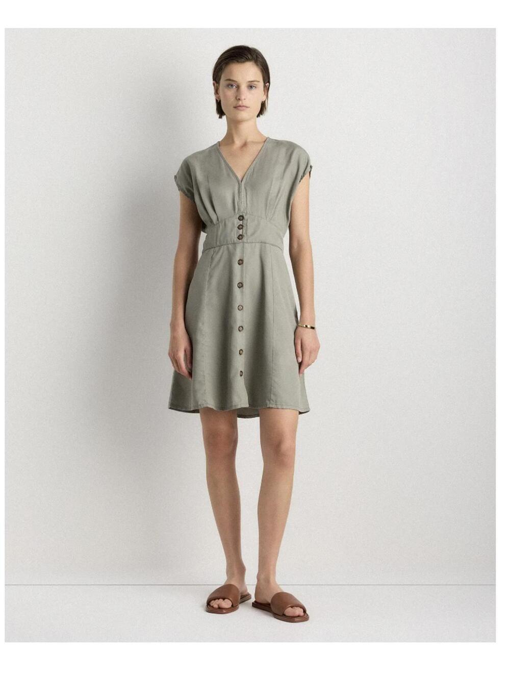 Quince Tencel Button Front Dress Womens Small Olive Green V Neck Short Sleeve